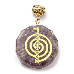 Amethyst Natural Amethyst European Dangle Polygon Charms, Large Hole Pendant with Golden Plated Alloy Chakra Slice, 53mm, Hole: 5mm, Pendant: 39x35x11mm