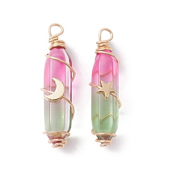 Light Green 2Pcs 2 Style Two Tone Glass Double Terminated Point Beads Pendants Set, Moon & Star Golden Copper Wire Wrapped Charms, Light Green, 38~39x10x18mm, Hole: 3mm, 1Pc/style