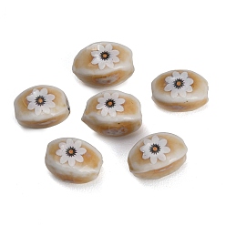 Bronze Perles de porcelaine à la main imprimés, ovale avec des fleurs, tan, 13~13.5x9x8.5~9mm, Trou: 2.5mm