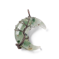 Green Aventurine Natural Green Aventurine Chips & Transparent Resin Big Pendants, Moon Charms, with Red Copper Tone Brass Wire Wrapped, Cadmium Free & Lead Free, 52~53x36~37x14~16mm, Hole: 8mm