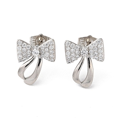 Platinum Brass Rhinestone Stud Earrings with Glass, Bowknot, Platinum, 17x13mm