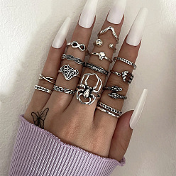 Antique Silver 15Pcs 15 Style Skull & Infinity & Snake & Criss Cross & Spider Alloy Finger Rings Set, Gothic Stackable Rings for Halloween, Antique Silver, Inner Diameter: 15~18mm, 1Pc/style