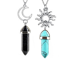 Synthetic Turquoise 2Pcs 2 Style Synthetic Blue Turquoise & Black Turquoise Bullet Pendant Necklaces Set, Alloy Sun & Moon Couple Necklaces, 17.72 inch(45cm), 1Pc/style