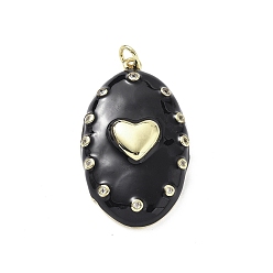 Черный Овальные подвески с сердцем из латуни с микропаве из прозрачных кубических цирконий, с эмалью и кольцом для прыжков, стойки покрытие, долговечный, без свинца и без кадмия, реальный 18 k позолоченный, чёрные, 37.5x21x7.5 мм, отверстие : 3 мм