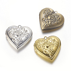 Mixed Color Brass Locket Pendants, Heart with Rose, Mixed Color, 29x29x7.5mm, Hole: 2mm