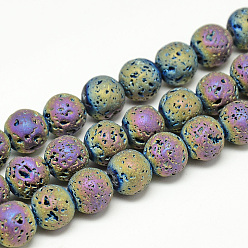 Multi-color Plated Electroplate Natural Lava Rock Beads Strands, Matte Style, Round, Multi-color Plated, 6~7mm, Hole: 1mm, about 60pcs/strand, 14.7~15.1 inch