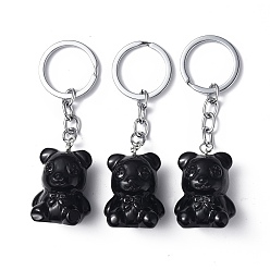 Obsidian Natural Obsidian Pendant Keychains, with Iron Keychain Clasps, Bear, 8cm