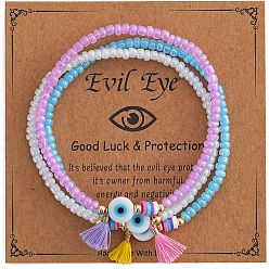 (52) Непрозрачная лаванда 3 шт. наборы эластичных браслетов из стеклянного бисера с символом «злого глаза», браслеты с кисточками и подвесками для женщин, разноцветные, внутренний диаметр: 6.89 дюйм (17.5 см)