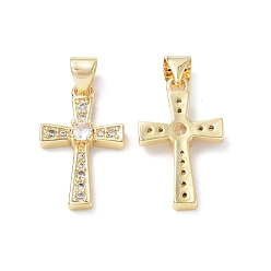 Real 18K Gold Plated Eco-Friendly Rack Plating Brass Micro Pave Cubic Zirconia Pendants, Long-Lasting Plated, Lead Free & Cadmium Free, Religion Cross Charm, Real 18K Gold Plated, 21x12.5x3.5mm, Hole: 5x3.5mm