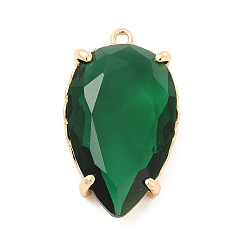 Emerald K9 Glass Pendants, Teardrop Charms, with Light Gold Tone Brass Findings, Faceted, Emerald, 28.5x17x7.5mm, Hole: 1.6mm
