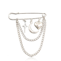 Platinum Star & Moon & Heart Alloy Kilt Pins, Chains Tassel Charms Safety Pin Brooch, Platinum, 150x70mm