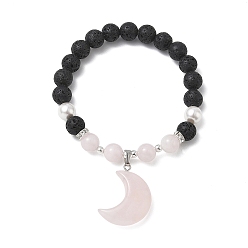 Луна Браслеты с подвесками из натурального мадагаскарского розового кварца, лавовой породы и жемчуга из ракушек., круглые браслеты из бисера для женщин, С немагнитным синтетическим гематитом, луна, внутренний диаметр: 1.97 дюйм (5 см)