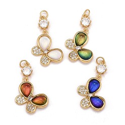 Mixed Color Brass Micro Pave Clear Cubic Zirconia Pendants, with Real 18K Gold Plated Brass Loops & Glass, Cadmium Free & Nickel Free & Lead Free, Butterfly, Mixed Color, 14x20x5mm, Hole: 3.5mm, Jump Ring: 5x0.8mm