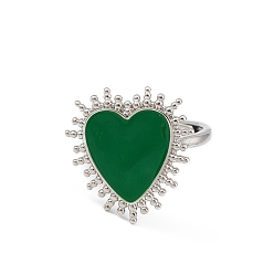 Green Adjustable Enamel Heart Signet Ring, Platinum Brass Jewelry for Women, Lead Free & Cadmium Free, Green, Inner Diameter: 17mm
