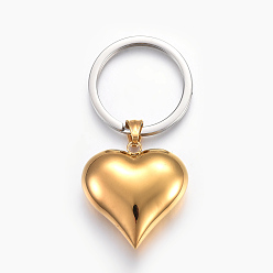 Golden & Stainless Steel Color 304 Stainless Steel Keychain, Heart, Golden & Stainless Steel Color, 75mm, Pendant: 36.5x35x10mm