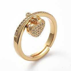 Golden Adjustable Brass Finger Rings, with Micro Pave Cubic Zirconia, Heart, Clear, Golden, Size 7, 17.1mm