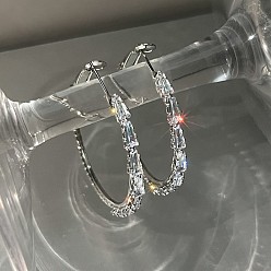 Platinum Ring Alloy Rhinestone Hoop Earrings, with Rhodium Plated 925 Sterling Silver Pins, Platinum, 50x50mm