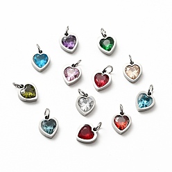 Mixed Color 304 Stainless Steel Pendants, with Cubic Zirconia and Jump Rings, Single Stone Charms, Heart, Stainless Steel Color, Mixed Color, 9x8x3mm, Hole: 3.6mm