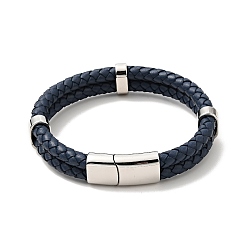 Marine Blue Leather Braided Double Loops Multi-strand Bracelet with 304 Stainless Steel Magneti Clasp for Men Women, Marine Blue, 8-5/8 inch(22cm)