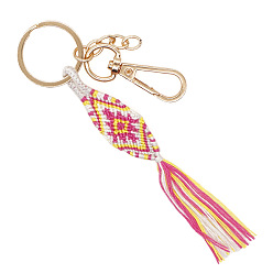 Pale Violet Red Bohemian Style Matching Tassel Macrame Hand-woven Cotton Keychain, for Car Key Purse Phone Ornaments, Pale Violet Red, 115mm