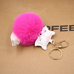 Rose pink Fox Plush Leather Keychain with Fox Head Toy and Pom-Pom Backpack Pendant