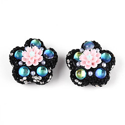 Черный Полимерная глина в форме цветка со стразами, с жемчужиной из смолы и АБС-пластика, для ручек с бусинами, брелки, ювелирные изделия и ремесла, чёрные, 25.5x26.5x18.5 мм, отверстие : 1.8 мм