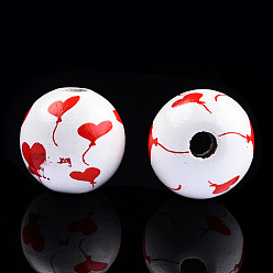 Red Spray Painted Wood Beads, Printed Beads, Round, Red, 15~16x14~15mm, Hole: 3~4mm