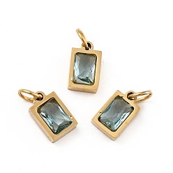 Light Cyan Vacuum Plating 304 Stainless Steel Pendants, with Cubic Zirconia and Jump Rings, Single Stone Charms, Rectangle, Golden, Light Cyan, 9.5x6x3mm, Hole: 3.6mm