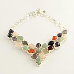 Mixed Stone Gemstone Bib Statement Necklaces with Alloy Cabochon Settings and Silver Color Plated Brass Chains , Mixed Stone, 19.8 inch.