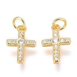 Golden Brass Micro Pave Cubic Zirconia Pendants, Cross with Jump Rings, Golden, 12x8x2mm, Hole: 2mm