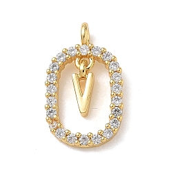 Настоящее золото 18K Латунные микропаве прозрачные подвески с фианитом, овал с подвесками в виде буквы V, стойки покрытие, долговечный, без кадмия и без свинца, реальный 18 k позолоченный, 18.5x11x3.8 мм, отверстие : 1.8 мм
