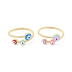 Mixed Color Enamel Evil Eye Open Cuff Rings, Real 18K Gold Plated Brass Jewelry for Women, Cadmium Free & Nickel Free & Lead Free, Mixed Color, US Size 7 3/4(17.9mm)