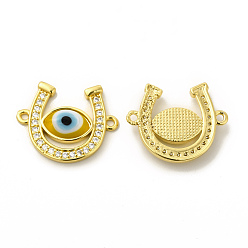 Gold Rack Plating Real 18K Gold Plated Brass Micro Pave Clear Cubic Zirconia Connector Charms, Horseshoe Links, with Handmade Evil Eye Lampwork, Cadmium Free & Lead Free, Long-Lasting, Gold, 18.5x23x4mm, Hole: 1.5mm
