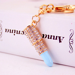 Light Blue Crystal Rhinestone Lipstick Keychains, with Enamel, KC Gold Plated Alloy Charm Keychain, Light Blue, 11cm