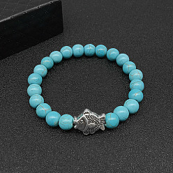Fish Synthetic Turquoise Stretch Bracelets for Women Men, with Tibetan Style Animals Alloy Beads, Fish, No Size
