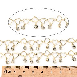 Light Gold Rack Plating Brass Heart Link Chains, with Clear Glass Charms, Long-Lasting Plated, Soldered, with Spool, Light Gold, Heart: 6.5x7.5x1mm, Flat Round: 6x4x3mm, about 32.81 Feet(10m)/Roll