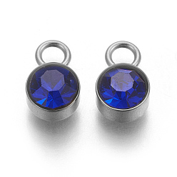 Sapphire Glass Rhinestone Charms, Birthstone Charms, with Stainless Steel Color Tone 201 Stainless Steel Findings, Flat Round, Sapphire, 10x6x5mm, Hole: 2mm