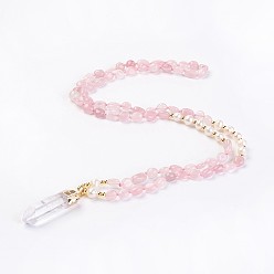Rose Quartz Natural Rose Quartz and Natural Quartz Crystal Pendant Necklaces, with Pearl and Brass Findings, Bullet, 31.5 inch~32.3 inch(80~82cm), Pendant: 45~55x15x10mm
