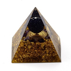 Blue Goldstone Orgonite Pyramid, Resin Pointed Home Display Decorations, with Synthetic Blue Goldstone and Brass Findings Inside, 50x50x50mm