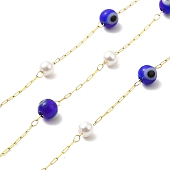 Real 18K Gold Plated Ion Plating(IP) 316 Surgical Stainless Steel Paperclip Chains, Evil Eye and Glass Pearl Beaded Chain, Soldered, with Spool, Real 18K Gold Plated, Link: 3x1x0.3mm, Round: 3mm, Evil Eye: 4mm