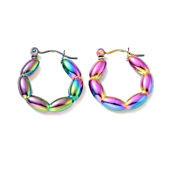 Rainbow Color Placage ionique (ip) couleur arc-en-ciel 304 boucles d'oreilles créoles ovales en acier inoxydable pour femmes, couleur arc en ciel, 22x20x4mm, pin: 0.7 mm