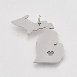 Stainless Steel Color 201 Stainless Steel Pendants, Map of Michigan, Stainless Steel Color, 26x18x1mm, Hole: 3mm