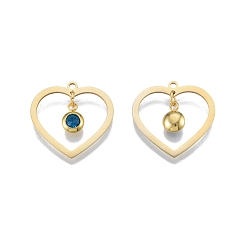 Blue Zircon 201 Stainless Steel Pendants, with Rhinestone, Heart with Flat Round, Real 18K Gold Plated, Blue Zircon, 23x24x1mm, Hole: 1.6mm