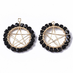 Black Glass Pendants, Wire Wrapped Pendants, with Real 18K Gold Plated Brass Wires and Linking Rings, Nickel Free, Star, Black, 26.5x24x3mm, Hole: 2.5mm