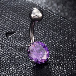 Purple Piercing Jewelry, Brass Cubic Zirconia Navel Ring, Belly Rings, with 304 Stainless Steel Bar, Lead Free & Cadmium Free, Flat Round, Platinum, Purple, 19x8mm, Bar: 15 Gauge(1.5mm), Bar Length: 3/8"(10mm)