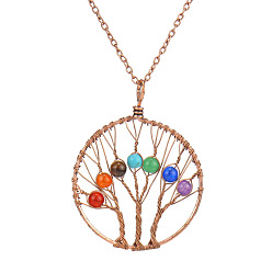 Red Copper Natural & Synthetic Mixed Gemstone Tree of Life Pendant Necklace, Brass Wire Wrap Necklace with Alloy Chains, Red Copper, 20.87 inch(53cm)