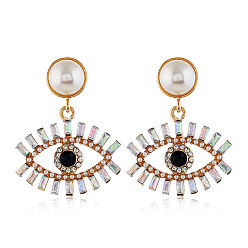 white Exaggerated Devil Eye Pearl Alloy Earrings - Colorful Diamond, Super Flashy, Personalized Ear Pendant.