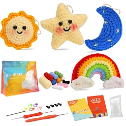 Mixed Color 4 Style Sun Moon Star Rainbow Keychain DIY Knitting Kits for Beginners, including Finer Fill, Crochet Hook, Stitch Marker, Craft Eye, Yarn, Big Eye Needle, Instruction, Mixed Color, Packing: 24.5x20.7x3.2cm
