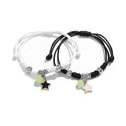 Star 2Pcs 2 Color Alloy Enamel & Luminous Glow in the Dark Beads Charm Bracelets Set, Adjustable Couple Bracelets for Valentine's Day , Star, 8-1/4~12-5/8 inch(21~32cm), 1Pc/color