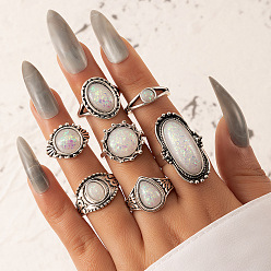5887-silver Vintage Geometric Oval Gemstone Ring Set - 8 Pieces Joint Rings for Women